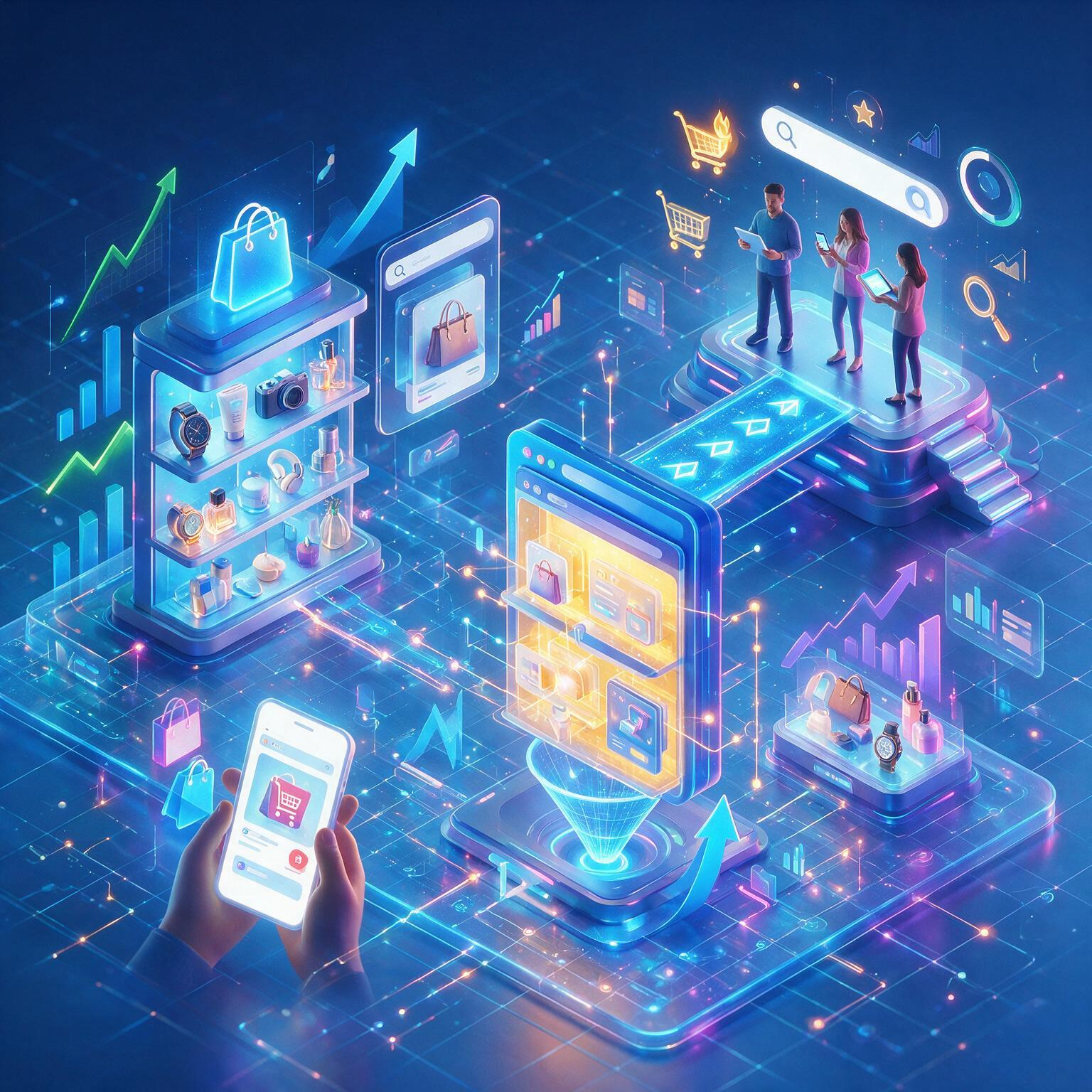 Online shopping ecosystem showing product search, mobile ecommerce, customer journeys and store performance analytics